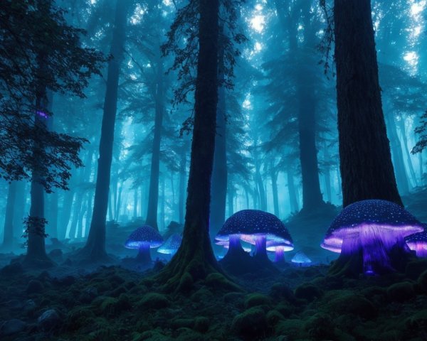 Mystical Forest with Glowing Mushrooms and Foggy Trees