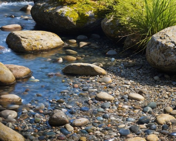 Serene Riverside Scene with Polished Stones and Stream