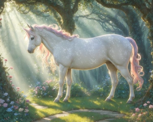 Majestic white unicorn in a sunlit forest setting