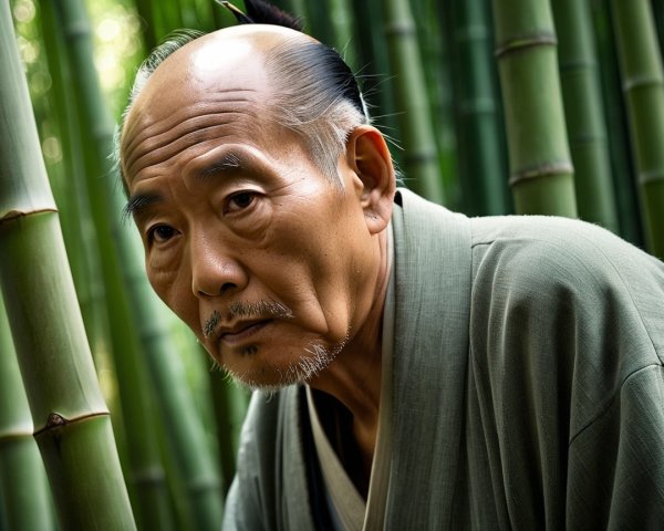 Elderly man in traditional attire among bamboo stalks