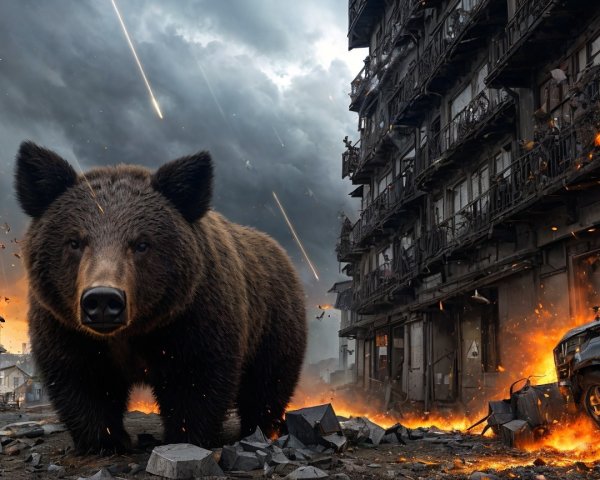 Post-Apocalyptic Scene with Bear and Explosions