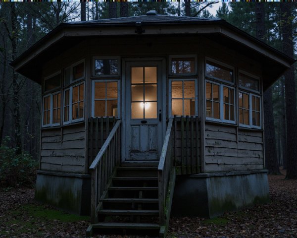 Octagonal Cabin in a Dimly Lit Forest Setting