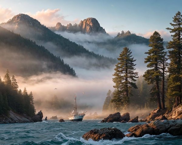 Misty River and Mountains in a Serene Landscape