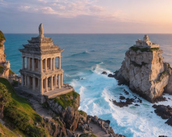 Coastal Landscape with Ancient Temple at Sunset