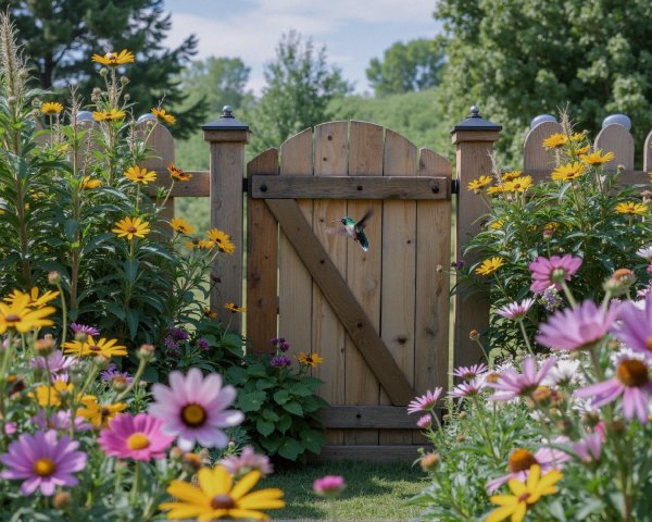 Wooden Garden Gate Surrounded by Colorful Flowers