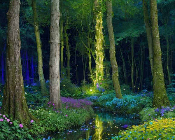Tranquil Forest Scene with Ethereal Lights and Stream