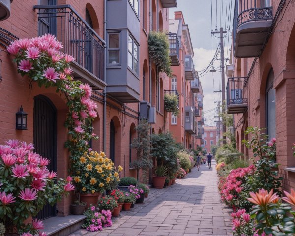 Charming Alleyway with Colorful Flowers and Brick Buildings