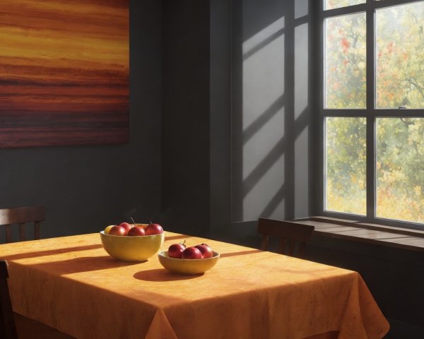 Sunlit Dining Room with Orange Tablecloth and Apples