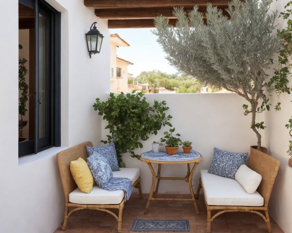 Cozy Outdoor Nook with Rattan Couches and Greenery