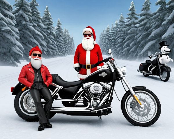 Digital Art of Santa Clauses and Snowman on Motorcycles