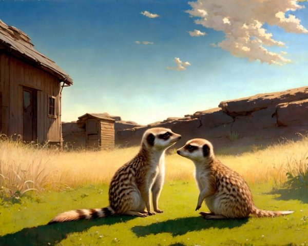 Meerkats in Sunlit Field with Rustic Cabin and Hills