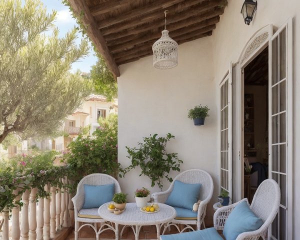 Charming Balcony with Rustic Decor and Greenery