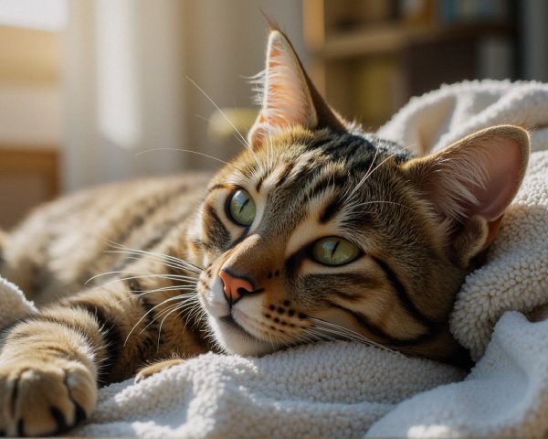 Close-up of a relaxed tabby cat on a blanket