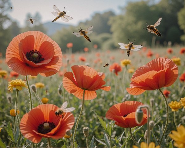 Vibrant Field of Red Poppies and Yellow Wildflowers