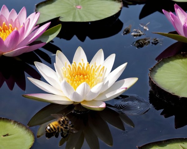 Vibrant Water Lilies and Reflective Pond Scene