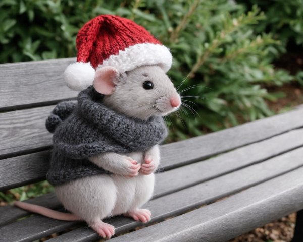 Festive Mouse on Bench with Holiday Attire and Foliage