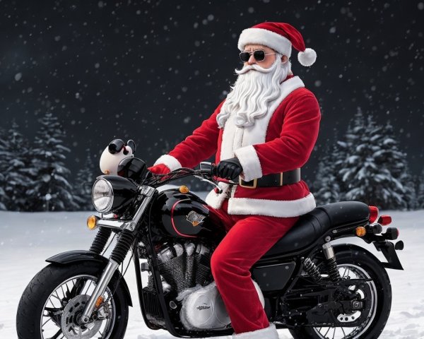 Santa Claus on Motorcycle in Snowy Landscape