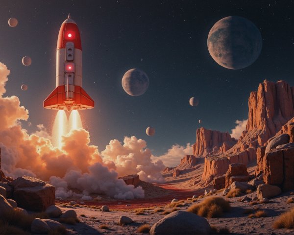 Rocket Launch in Alien Landscape Under Starry Sky
