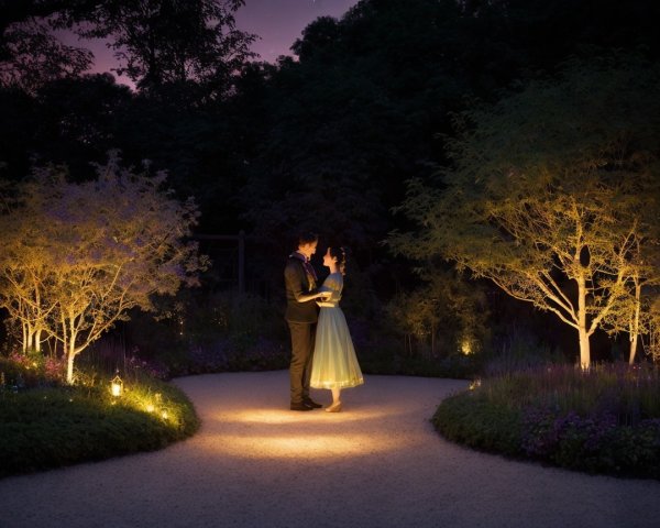Couple on Illuminated Gravel Path in Night Garden