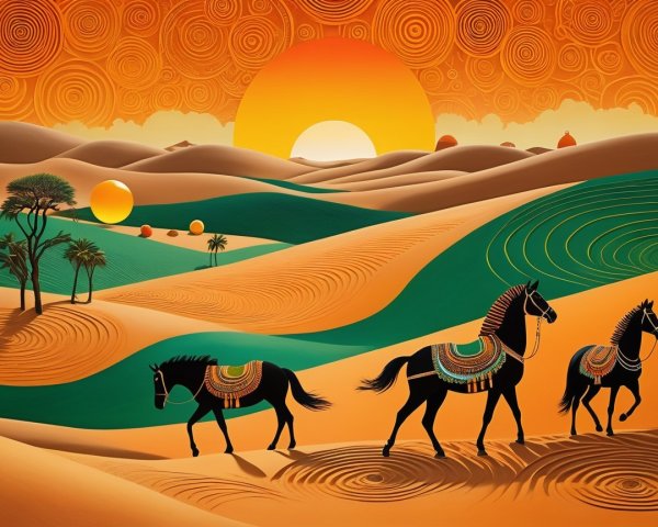 Majestic Black Horses in Colorful Saddles at Sunset