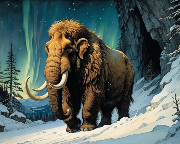 Woolly Mammoth in a Snowy Aurora Landscape