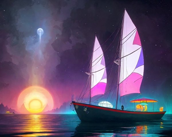 Sailboat with Pink Sails on Serene Sunset Waters