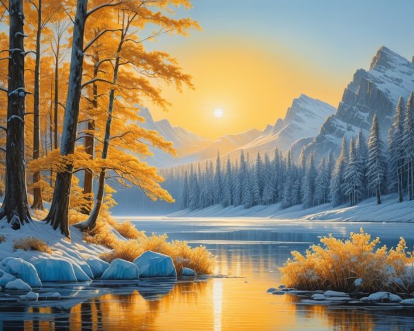 Serene Winter Landscape with Snow and Autumn Trees