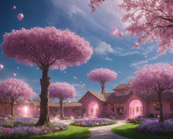 Vibrant Pink Trees in a Charming Garden Landscape