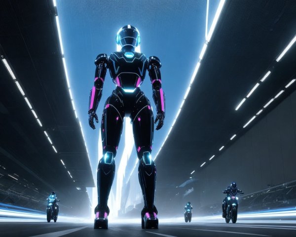 Futuristic Robot in Neon-Lit Cyberpunk City Scene