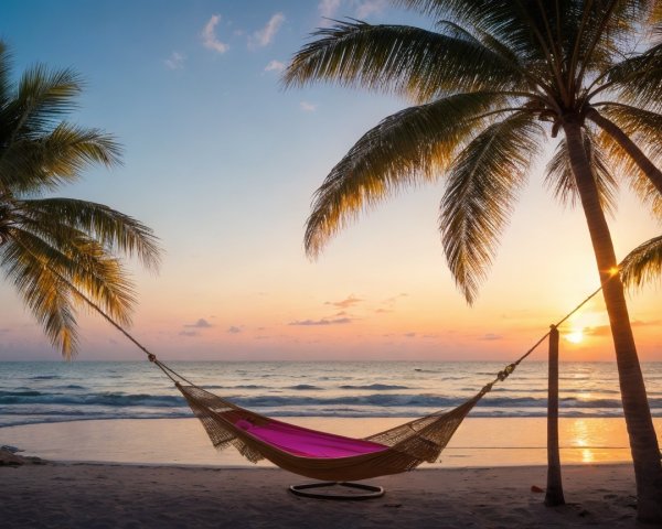Serene Beach Sunset with Hammock and Palm Trees