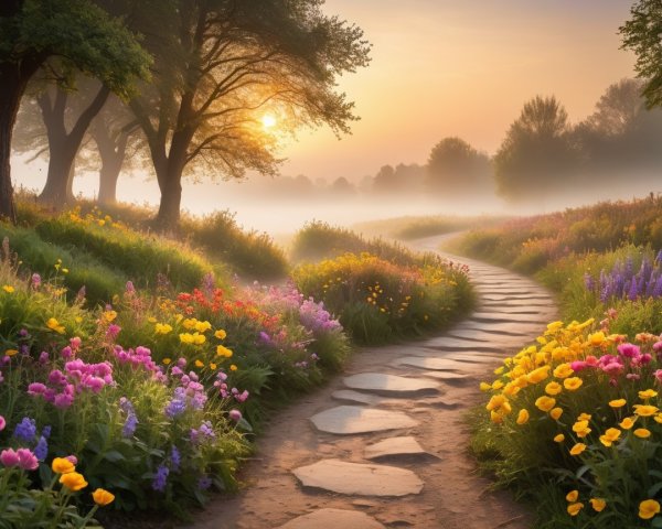 Serene Pathway in a Colorful Flower Meadow at Dawn