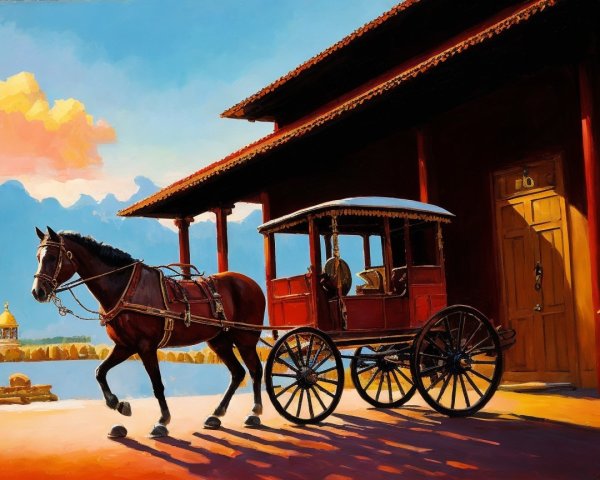 Brown Horse Pulling Red Carriage at Sunset Scene