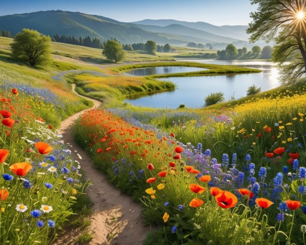 Picturesque Landscape with Lake and Wildflowers
