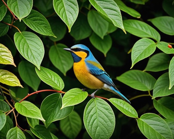 Vibrantly Colored Bird on Branch Amidst Green Leaves