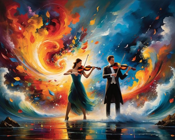 Musicians in Tuxedo and Green Dress Playing Violins