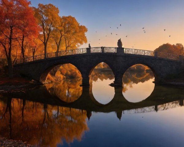 Autumn Scene with Stone Bridge and Reflective River