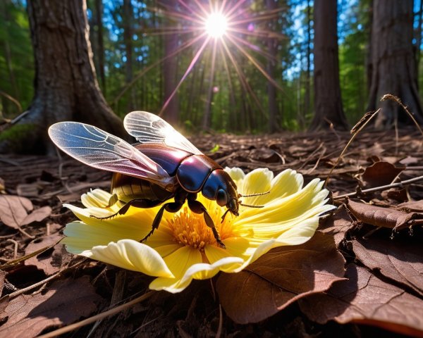 Close-Up of Beetle on Yellow Flower in Sunlit Forest