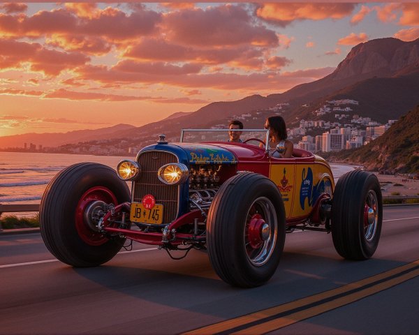 Vintage Hot Rod on Scenic Coastal Highway at Sunset