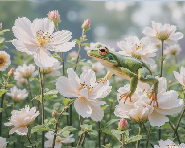 Green Frog on White Flowers in Morning Light