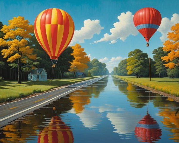 Hot Air Balloons Over Autumn Canal Landscape