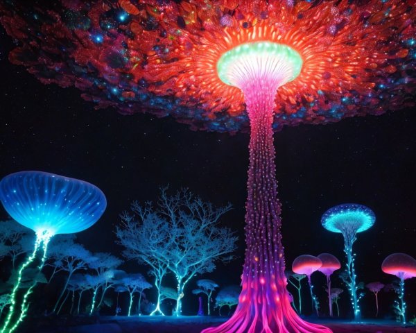 Vibrant Landscape with Luminescent Mushrooms and Stars