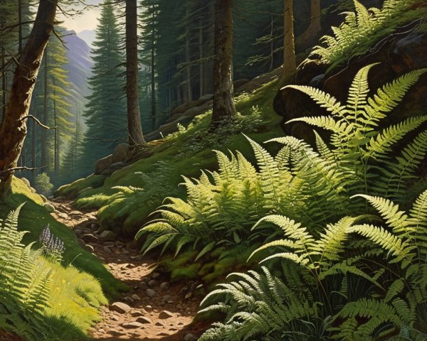 Serene Forest Path with Lush Foliage and Sunlight