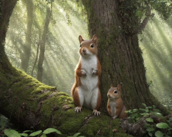 Squirrels on a Mossy Log in a Sunlit Forest