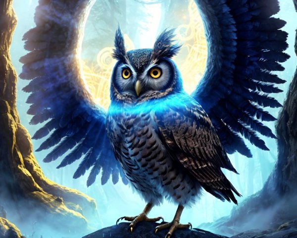 Majestic Owl in a Mystical Forest with Blue Glow