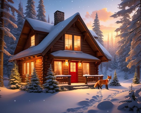 Log Cabin in Snowy Forest at Twilight with Fox