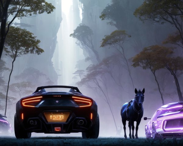 Surreal Landscape with Cars and Majestic Horse