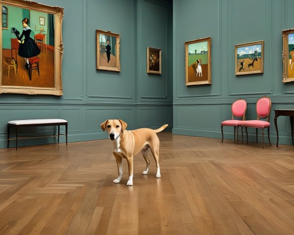 Elegant Room with Dog Surrounded by Vibrant Artworks