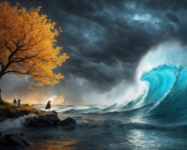 Dramatic Wave Crashing Against Rocky Shores with Autumn Tree