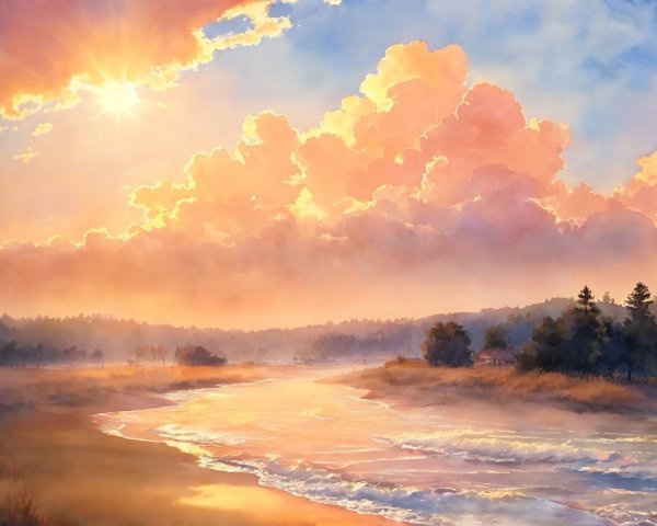 Serene Dawn Landscape with River and Mist
