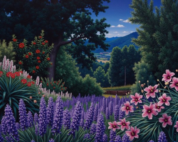 Vibrant Landscape with Green Trees and Colorful Flowers